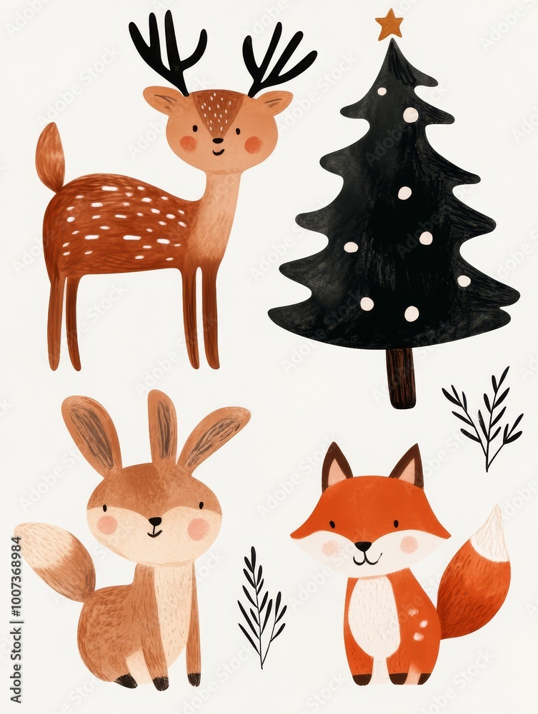Handdrawn illustration of woodland animals including a deer rabbit and fox gathering around a Christmas tree in a snowy forest Perfect for holiday cards and winterthemed prints with a whimsical and jo Handdrawn illustration of woodland animals including a deer rabbit and fox gathering around a Christmas tree in a snowy forest Perfect for holiday cards and winterthemed prints with a whimsical and jo