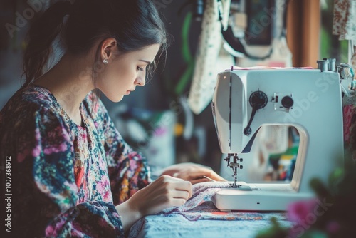 Woman sewing with machine in cozy workshop photo