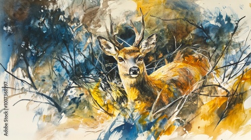 A deer is standing in a forest with trees in the background. The deer is brown and has antlers