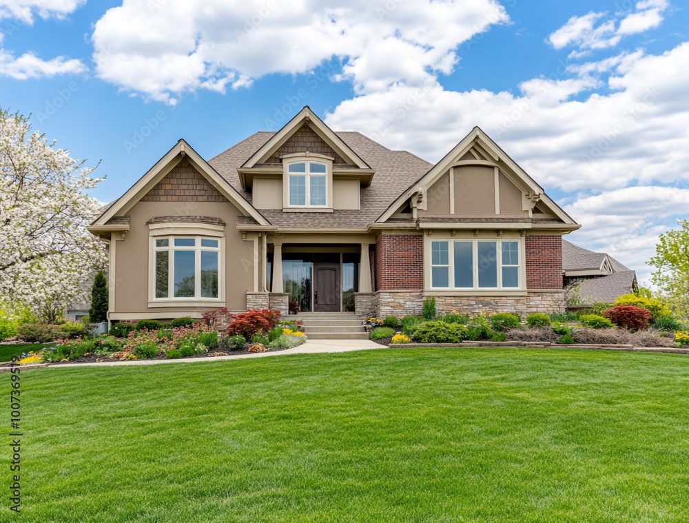 A beautiful home with a large front yard and blue sky in the background, representing the high-end residential real estate market of North America. A beautiful home with a large front yard and blue sky in the background, representing the high-end residential real estate market of North America.