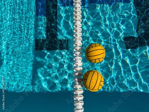 Fotografie Two Yellow Water Polo Balls Floating next to a White Lane line