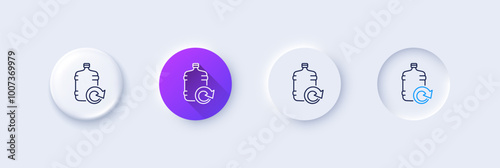 Water cooler bottle line icon. Neumorphic, Purple gradient, 3d pin buttons. Refill aqua drink sign. Liquid symbol. Line icons. Neumorphic buttons with outline signs. Vector