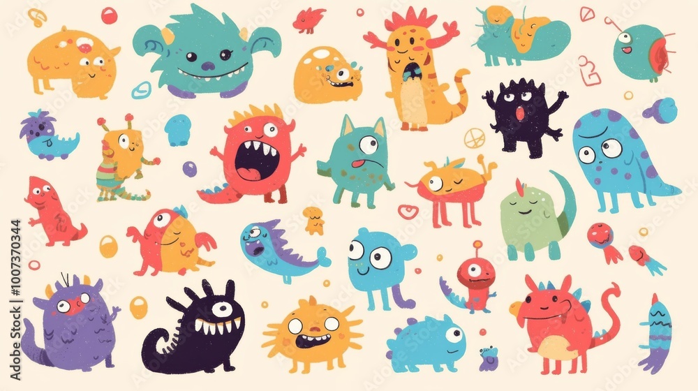 A vibrant and playful collection of hand-drawn tiny doodle monsters featuring cheerful facial expressions. A vibrant and playful collection of hand-drawn tiny doodle monsters featuring cheerful facial expressions.