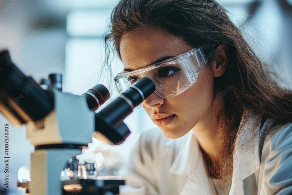 Focused female scientist examining specimens through a microscope in modern laboratory Focused female scientist examining specimens through a microscope in modern laboratory