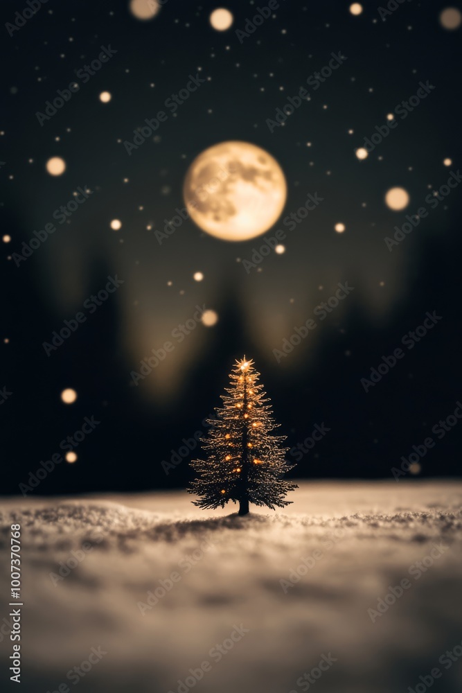 Fototapeta premium Illustration of a snowcovered forest with a glowing Christmas tree in the center surrounded by twinkling stars and a full moon Perfect for holiday cards and festive winter greetings with a magical and