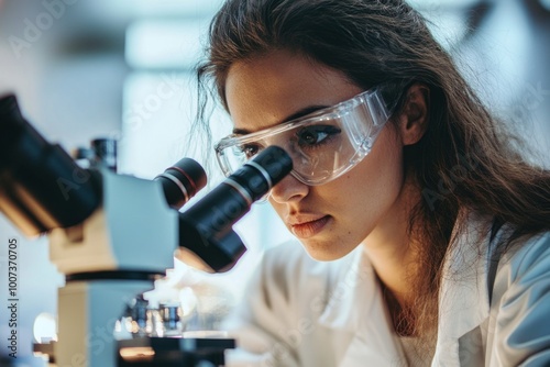 Focused female scientist examining specimens through a microscope in modern laboratory