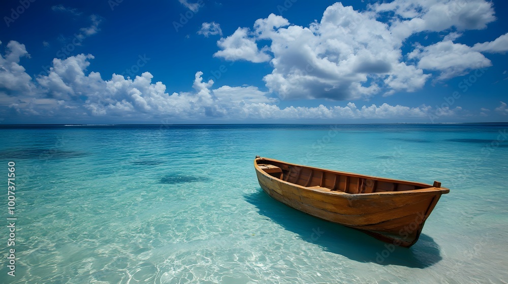 Naklejka premium ターコイズブルーの海の木製ボート