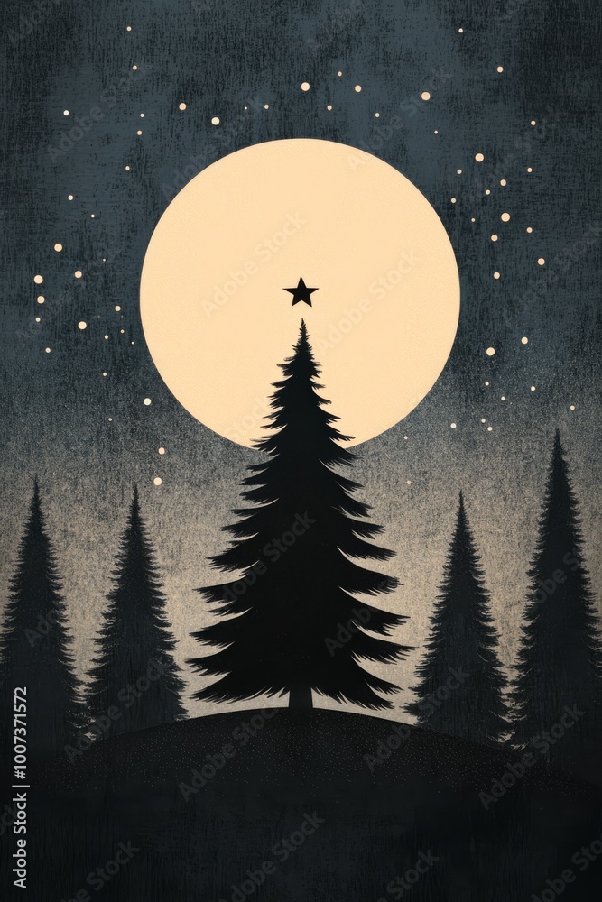 Naklejka premium Illustration of a snowcovered forest with a glowing Christmas tree in the center surrounded by twinkling stars and a full moon Perfect for holiday cards and festive winter greetings with a magical and