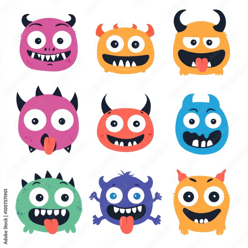 Fototapeta premium Halloween-themed set of colorful monster silhouette heads, featuring cute cartoon kawaii designs with expressive eyes, tongues, fang teeth, and playful hands 