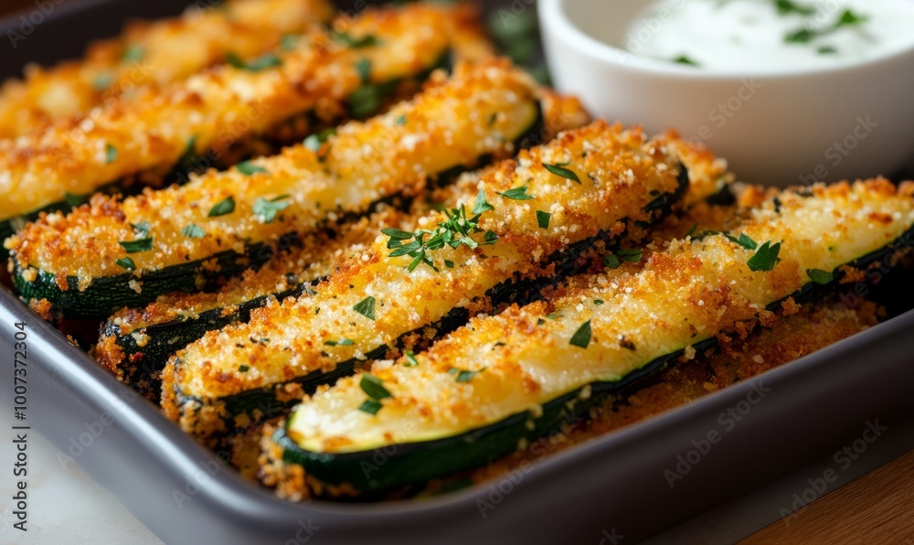 Zucchini sticks in breadcrumbs with cheese, herbs, breadcrumbs and white yogurt sauce Zucchini sticks in breadcrumbs with cheese, herbs, breadcrumbs and white yogurt sauce