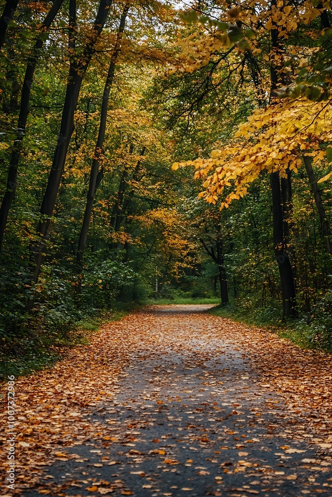 Fototapeta premium Autumn Path Through Colorful Forest, Golden Leaves, Pathway in Woods