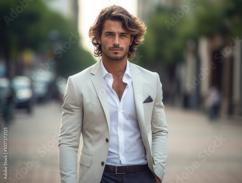 Confident man in light blazer walking through the city