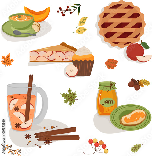 A set of products from the autumn harvest. Cozy autumn. Apple pie, pumpkin soup, jam in a jar. Cider in a mug with spices. Vector illustration