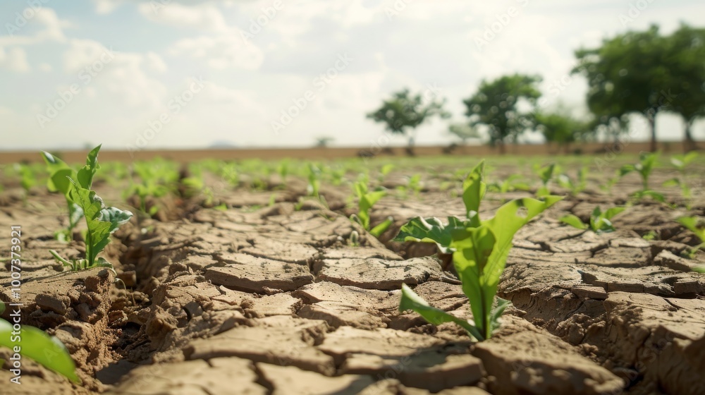 Close-up of young plants growing in dry, cracked earth. Nature's resilience even in harsh conditions. Close-up of young plants growing in dry, cracked earth. Nature's resilience even in harsh conditions.