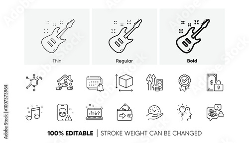 Box size, Sound check and Chemical formula line icons. Pack of Cyber attack, Inflation, Safe time icon. Approved award, Work home, Idea pictogram. Wallet, Stress, Notification. Line icons. Vector