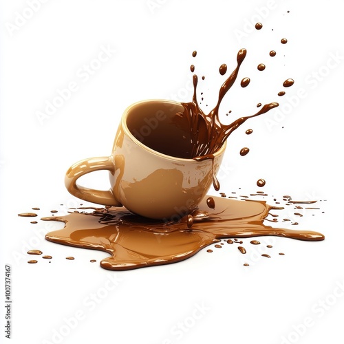 A spilled coffee cup, dynamic element, digital illustration, dramatic tones, isolated on white background