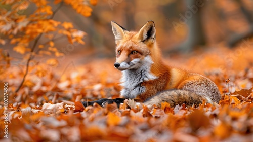 Red Fox in Autumn Leaves