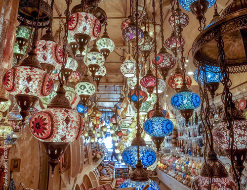 A vibrant display of colorful mosaic lanterns in a traditional market setting, showcasing intricately designed hanging lamps in various shapes and patterns photo