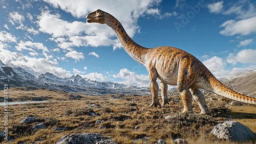 A dinosaur stands tall on a grassy plain, overlooking a snow-capped mountain range under a bright blue sky with white clouds.
