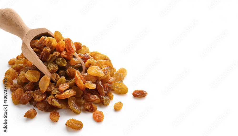 A raisin is a dried grape. Raisins are produced in many regions of the world and may be eaten raw or used in cooking, baking, and brewing, Isolated on white background with copy space. yellow variety A raisin is a dried grape. Raisins are produced in many regions of the world and may be eaten raw or used in cooking, baking, and brewing, Isolated on white background with copy space. yellow variety