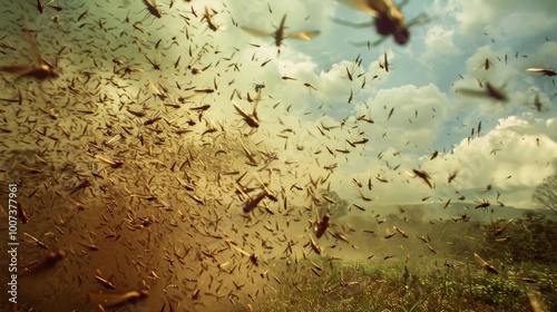 A swarm of locusts fills the sky, casting a dark shadow over the landscape.