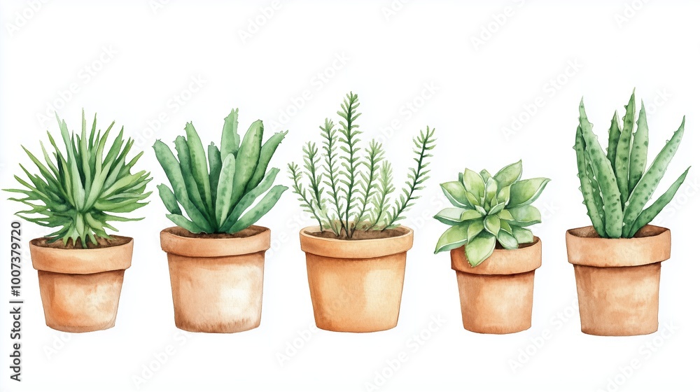 Five varieties of succulents displayed in terracotta pots on a clean white background, showcasing their lush foliage and vibrant colors