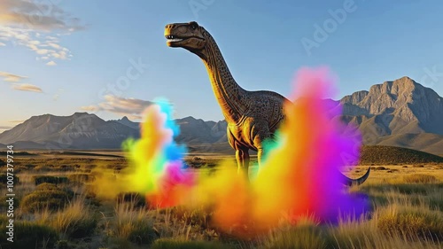 A large dinosaur stands in a field, mountains in the background, with a sunset.