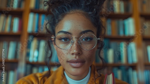 Portrait of a Young Woman in a Library