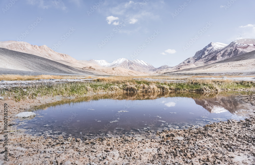 Panoramic landscape of textured Tien Shan mountains in Pamir in Tajikistan, panoramic landscape of a mountain range with snow and glaciers in summer Panoramic landscape of textured Tien Shan mountains in Pamir in Tajikistan, panoramic landscape of a mountain range with snow and glaciers in summer