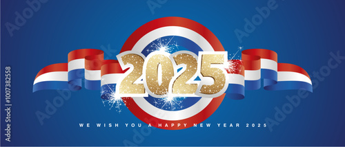 2025 New Year emblem design template with golden glitter 2025 front on Netherlands red white blue wavy flag ribbon. 2025 premium design vector with light sparkle firework isolated on blue background