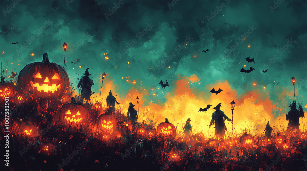 Obraz premium Haunted pumpkin patch with spooky scarecrows and bats under eerie sky. AI Generative