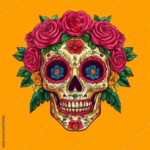  A striking vector illustration of a Mexican skull adorned with vibrant roses, celebrating Dia de los Muertos.