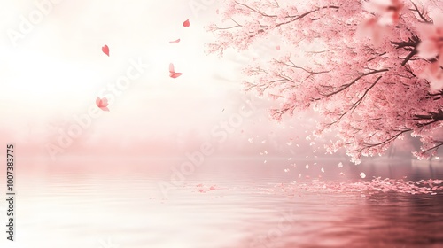 Cherry blossoms blooming along a peaceful river photo