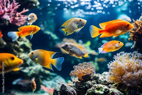 Close up of colorful tropical fish swimming in clear water