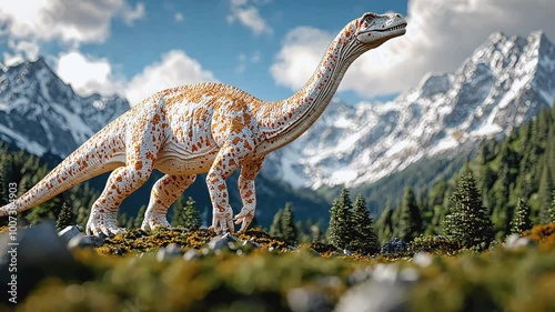 A long-necked dinosaur stands on a mountaintop, looking out over a forest and snowy peaks.