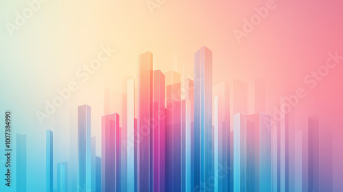 Abstract city skyline with blue, pink, and yellow hues.