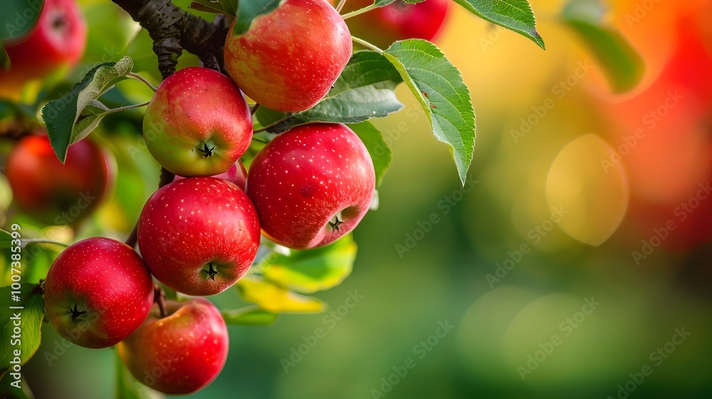 Close-up of a branch on an apple tree red apples cluster Close-up of a branch on an apple tree red apples cluster