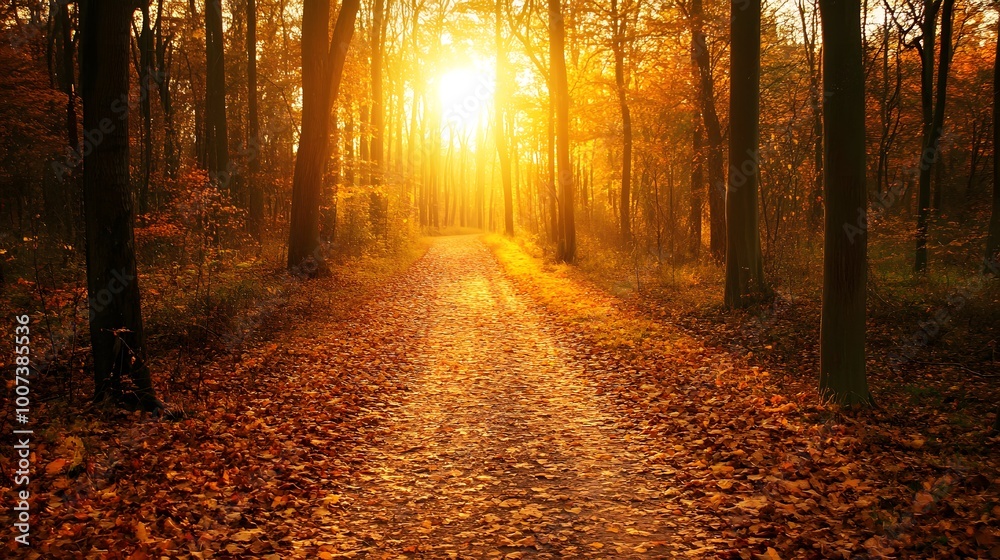 Fototapeta premium A forest path surrounded by vibrant autumn foliage