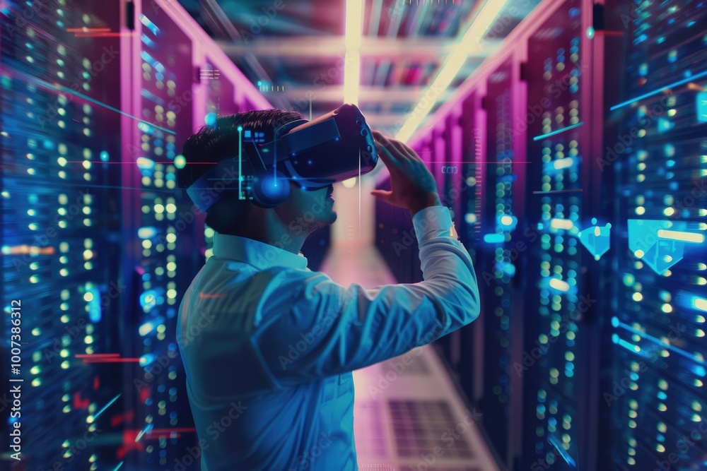 IT Engineer uses VR AR software to manage servers wirelessly. IT Engineer uses VR AR software to manage servers wirelessly.