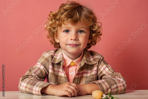 Cute kid looking at camera. Half-length portrait of little boy expressing emotions isolated over rose background. Kids emotions concept