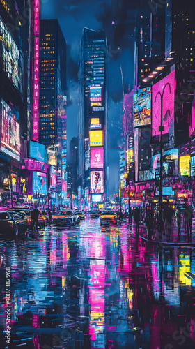 Vibrant Neon Cityscape Illuminating the Night: A Captivating Glimpse of Urban Energy and Colorful Glow