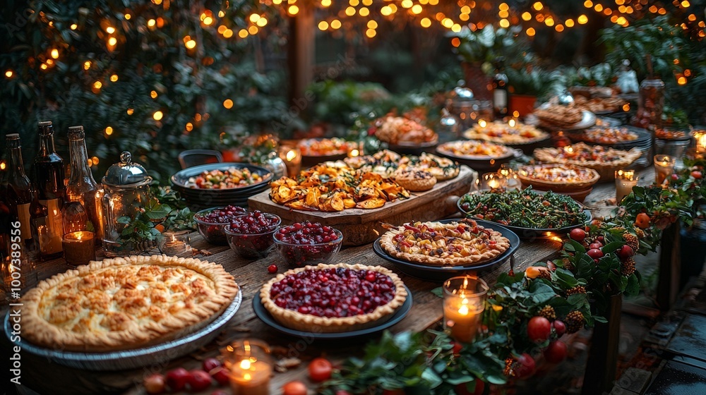 A beautifully arranged feast featuring various pies, fruits, and candles in a cozy setting. A beautifully arranged feast featuring various pies, fruits, and candles in a cozy setting.