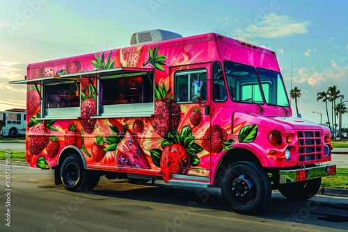 A vibrant food truck adorned with a strawberry design sits by the coast, ready to serve delicious strawberry treats to visitors enjoying the sunny day and scenic ocean views.