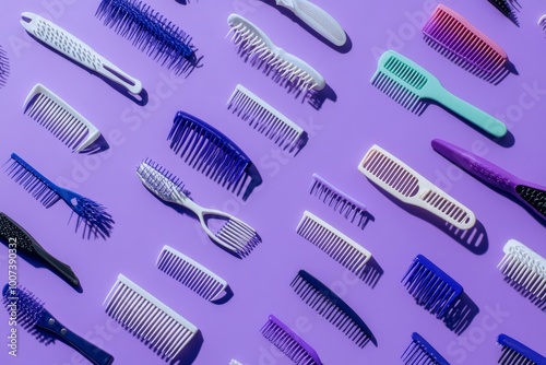 A purple background displays various hairdresser tools.