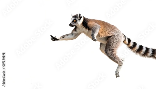 ring tailed lemur - Lemur catta - is a medium to large size strepsirrhine (wet nosed) primate.  Named for its black and white pattern tail with rings.  Isolated on white background with copy space