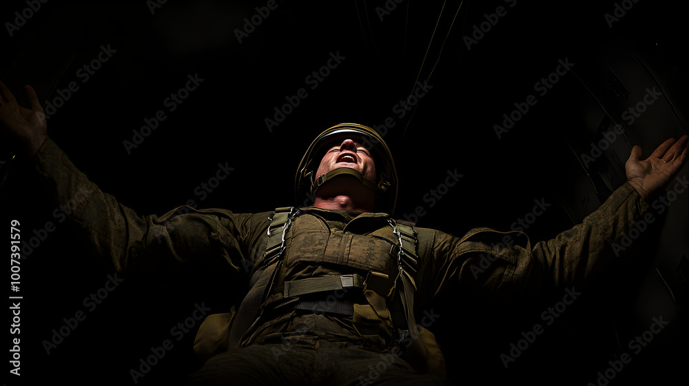 A paratrooper from the 101st Airborne Division, fully geared up with helmet and parachute, jumping from a plane into the dark skies over Normandy on D-Day. Paratrooper jumping over Normandy on D-Day.
A paratrooper from the 101st Airborne Division, fully geared up with helmet and parachute, jumping from a plane into the dark skies over Normandy on D-Day. Paratrooper jumping over Normandy on D-Day.