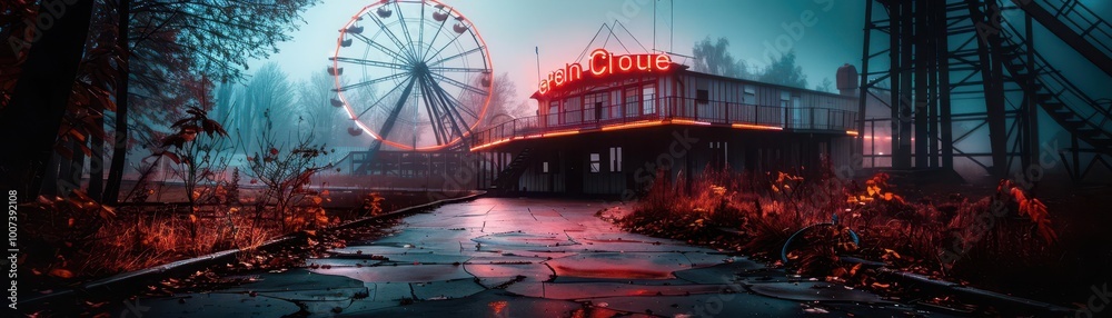 Abandoned amusement park with overgrown rides, eerie and nostalgic, Urban, Muted tones, Photograph, Forgotten fun Abandoned amusement park with overgrown rides, eerie and nostalgic, Urban, Muted tones, Photograph, Forgotten fun