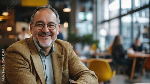 Smiling man in a cafe setting with warm ambiance