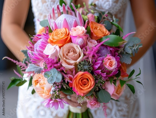 Bridal bouquet with vibrant flowers, elegant and festive, Botanical, Soft hues, Photograph, Wedding detail