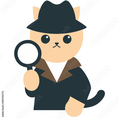  Detective Cat in Trench Coat Holding Magnifying Glass Vector Illustration